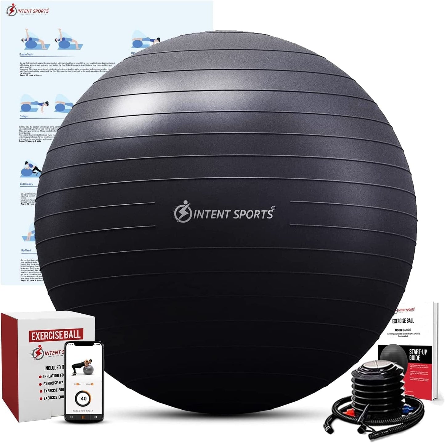 Intent Sports Yoga Ball Chair – Stability Ball with Inflatable Stability Base & Resistance Bands, Fitness Ball for Home Gym, Office, Improves Back Pain, Core, Posture & Balance (65 Cm)