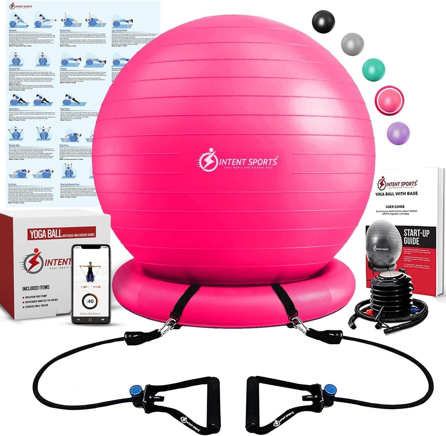 Intent Sports Yoga Ball Chair – Stability Ball with Inflatable Stability Base & Resistance Bands, Fitness Ball for Home Gym, Office, Improves Back Pain, Core, Posture & Balance (65 Cm)