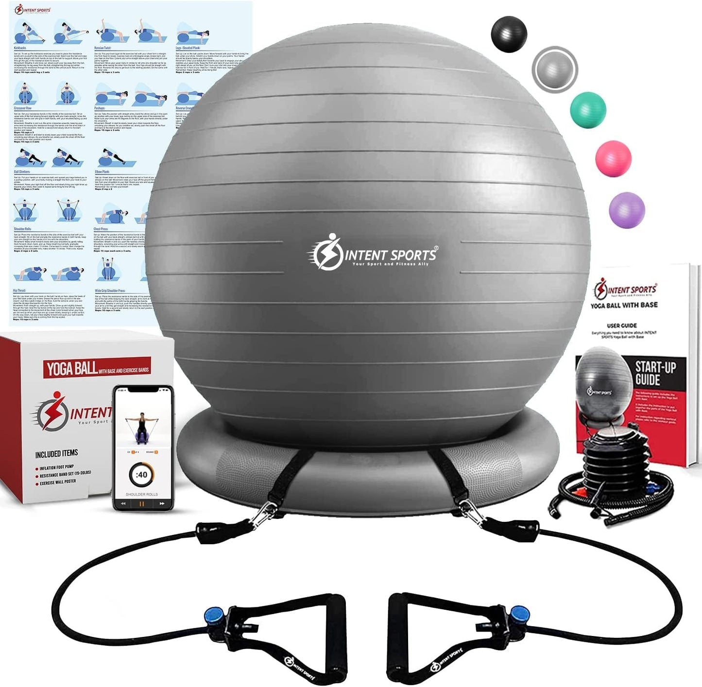 Intent Sports Yoga Ball Chair – Stability Ball with Inflatable Stability Base & Resistance Bands, Fitness Ball for Home Gym, Office, Improves Back Pain, Core, Posture & Balance (65 Cm)
