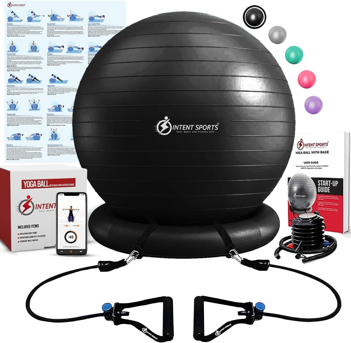 Intent Sports Yoga Ball Chair – Stability Ball with Inflatable Stability Base & Resistance Bands, Fitness Ball for Home Gym, Office, Improves Back Pain, Core, Posture & Balance (65 Cm)