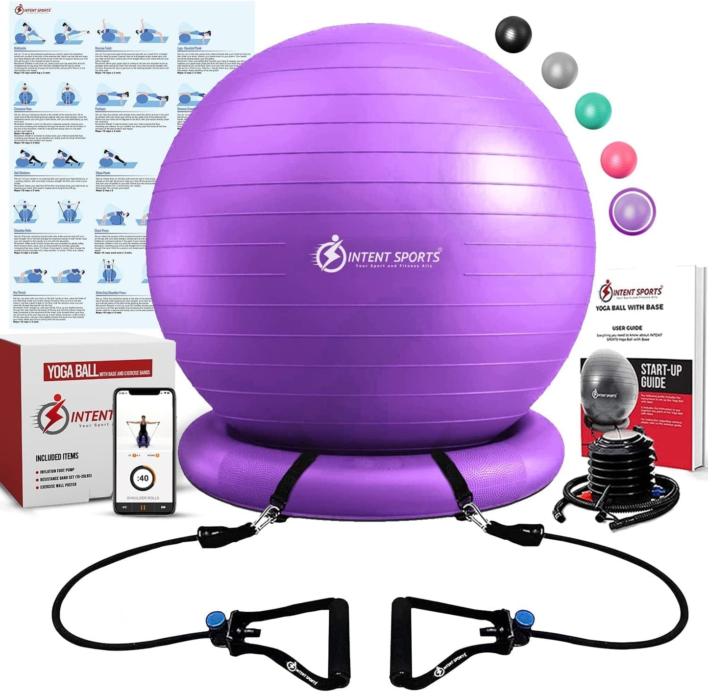 Intent Sports Yoga Ball Chair – Stability Ball with Inflatable Stability Base & Resistance Bands, Fitness Ball for Home Gym, Office, Improves Back Pain, Core, Posture & Balance (65 Cm)