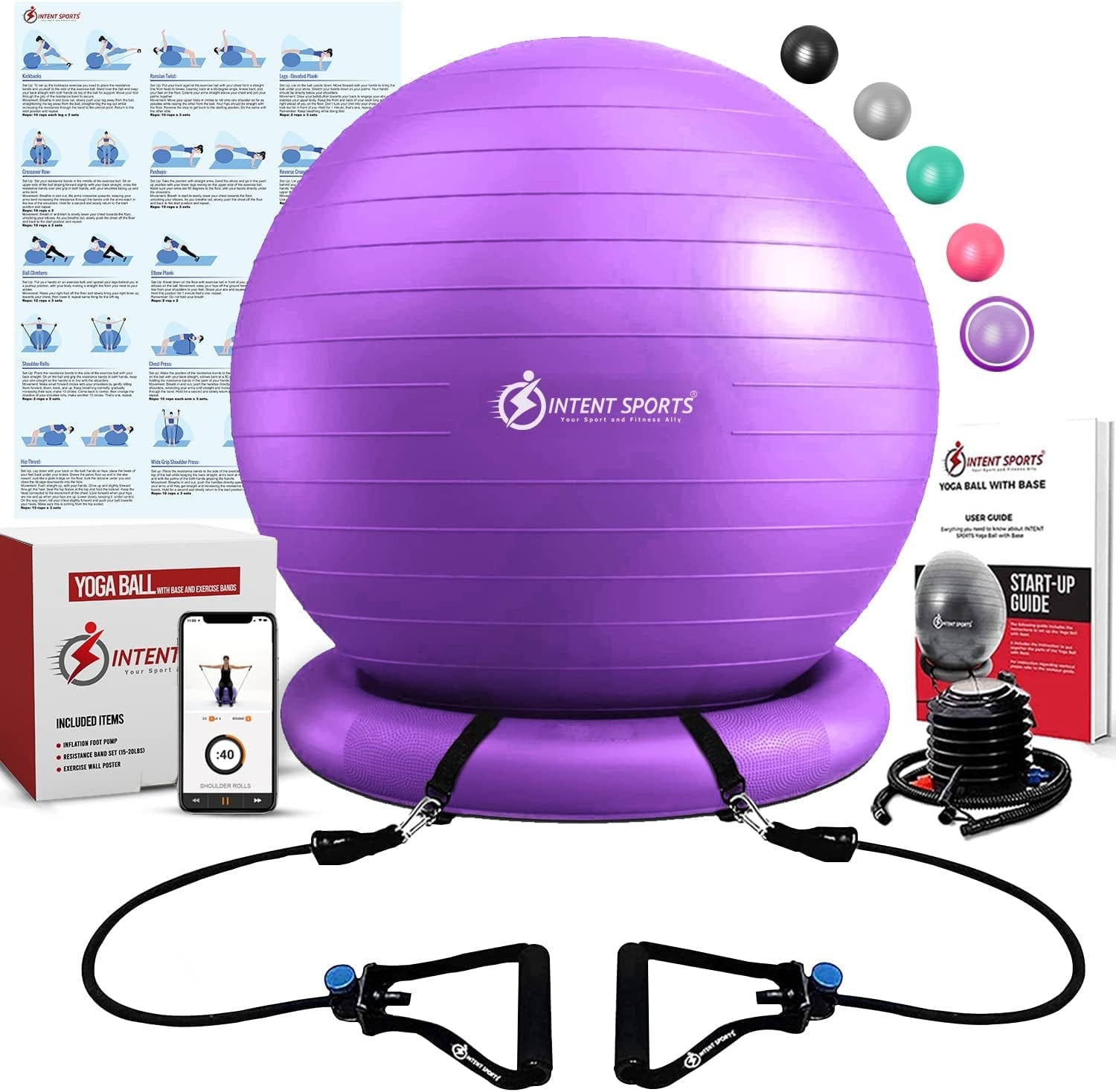 Intent Sports Yoga Ball Chair – Stability Ball with Inflatable Stability Base & Resistance Bands, Fitness Ball for Home Gym, Office, Improves Back Pain, Core, Posture & Balance (65 Cm)