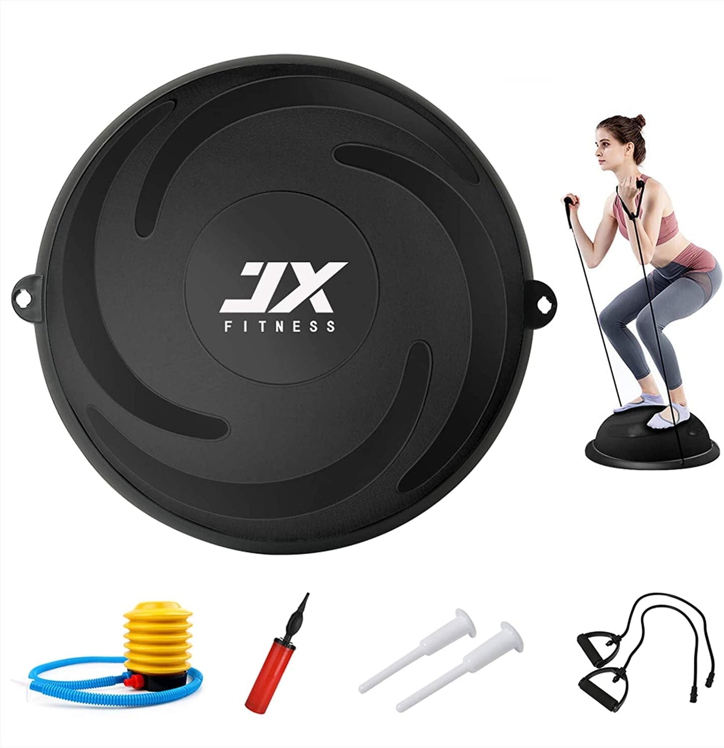 JX FITNESS 58Cm Balance Half Ball Trainer, Stability Exercise Yoga Half Ball with Resistance Bands & Pump - Improve Core and Ab Strength with Full Body Home Gym Workouts or Fitness Training