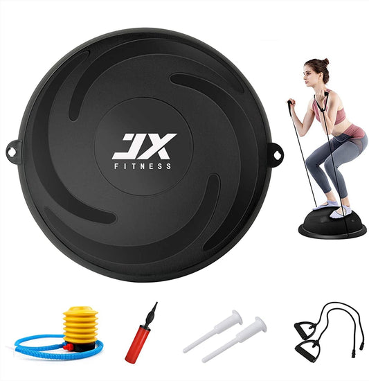 JX FITNESS 58Cm Balance Half Ball Trainer, Stability Exercise Yoga Half Ball with Resistance Bands & Pump - Improve Core and Ab Strength with Full Body Home Gym Workouts or Fitness Training