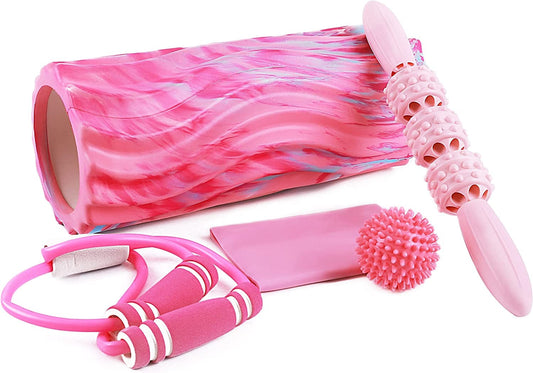 KRIXAM 5 in 1 Foam Roller Set Includes Foam Back Roller, Muscle Massage Stick, Massage Ball, Resistance Band and 8-Shaped Workout Tube for Deep Muscle Massage Pilates Yoga (Pink)