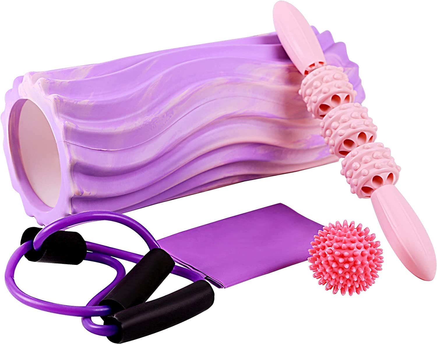 KRIXAM 5 in 1 Foam Roller Set Includes Foam Back Roller, Muscle Massage Stick, Massage Ball, Resistance Band and 8-Shaped Workout Tube for Deep Muscle Massage Pilates Yoga (Pink)
