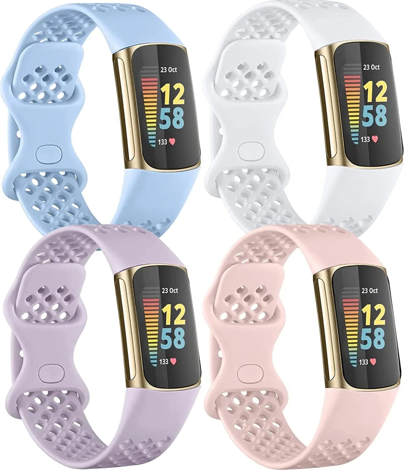 Laffav Compatible with Fitbit Charge 5 Bands for Men Women, Flexible Soft Silicone Wristbands Breathable Sport Replacement Strap with Air Holes for Fitbit Charge 5 Fitness Tracker, 4-Pack