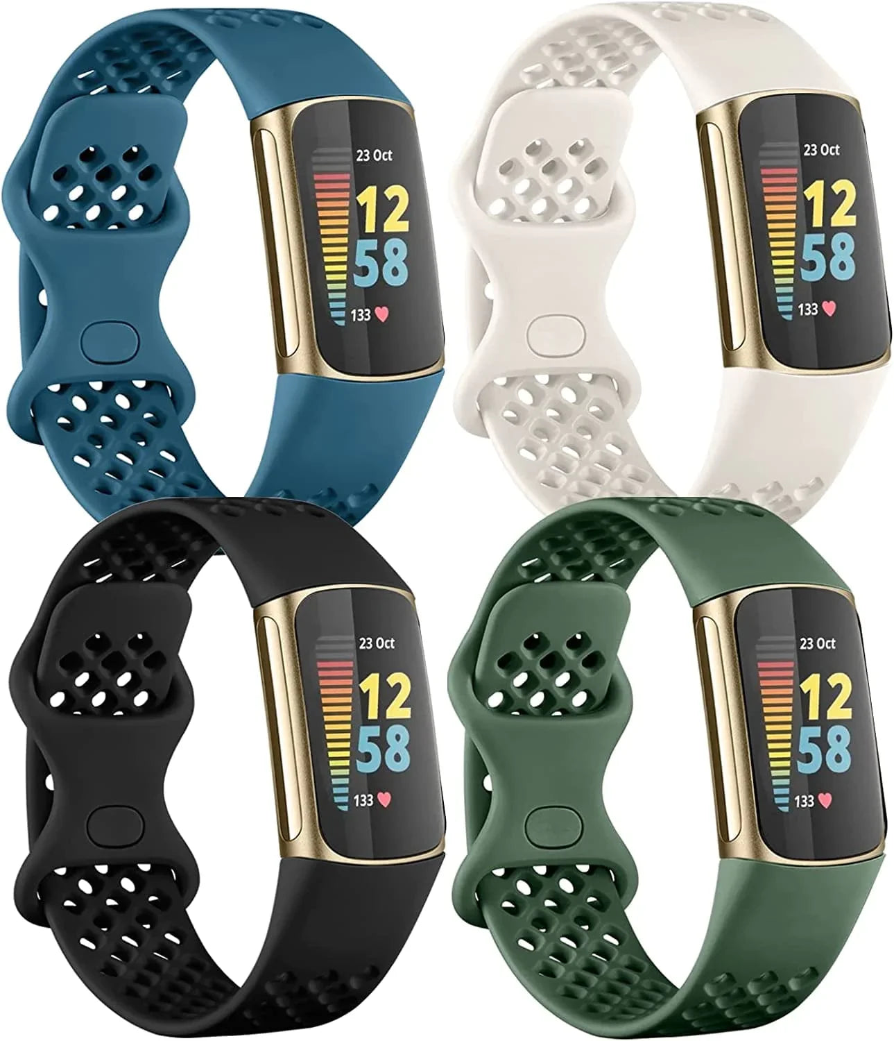 Laffav Compatible with Fitbit Charge 5 Bands for Men Women, Flexible Soft Silicone Wristbands Breathable Sport Replacement Strap with Air Holes for Fitbit Charge 5 Fitness Tracker, 4-Pack