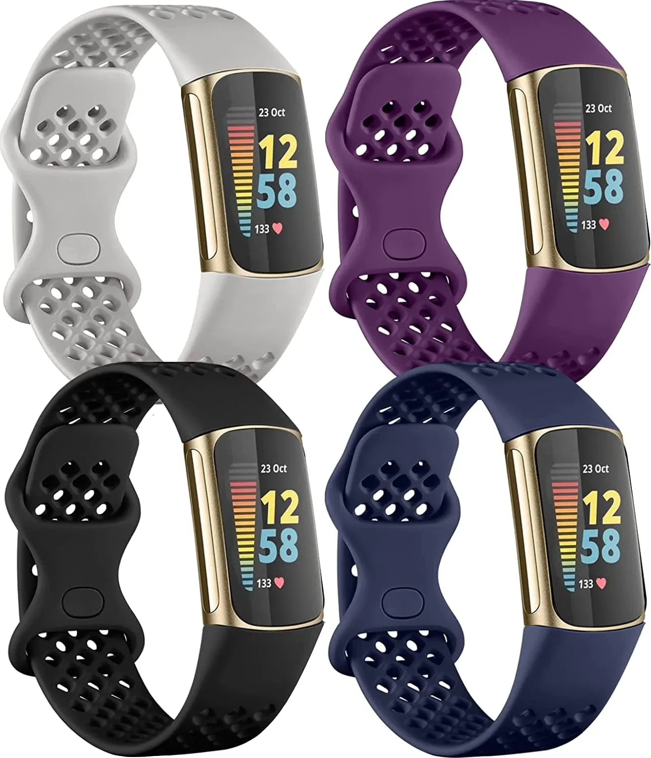 Laffav Compatible with Fitbit Charge 5 Bands for Men Women, Flexible Soft Silicone Wristbands Breathable Sport Replacement Strap with Air Holes for Fitbit Charge 5 Fitness Tracker, 4-Pack