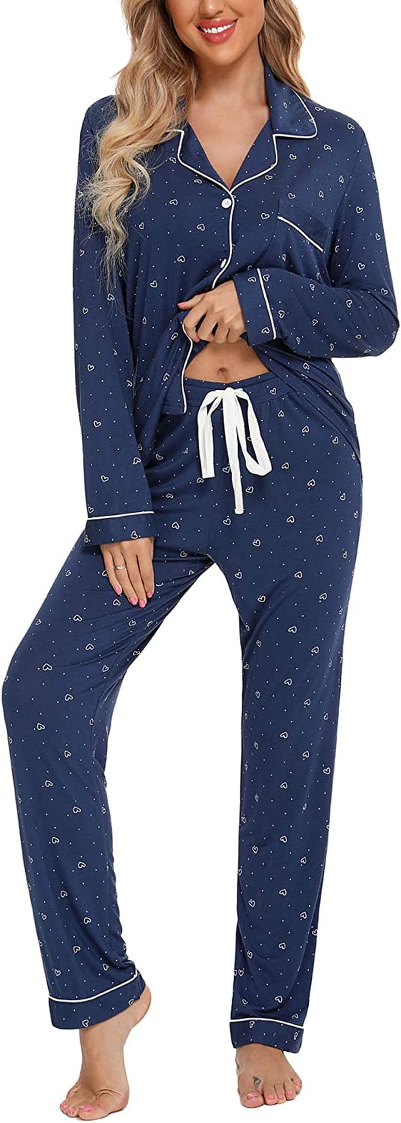 Leikar Button up Pajama Set for Women Long Sleeve Shirt and Pajama Pants Soft Pjs Lounge Sets S-XXL