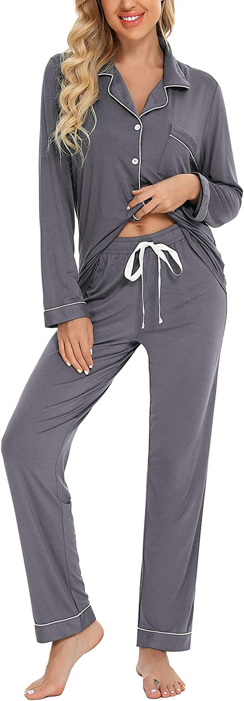 Leikar Button up Pajama Set for Women Long Sleeve Shirt and Pajama Pants Soft Pjs Lounge Sets S-XXL