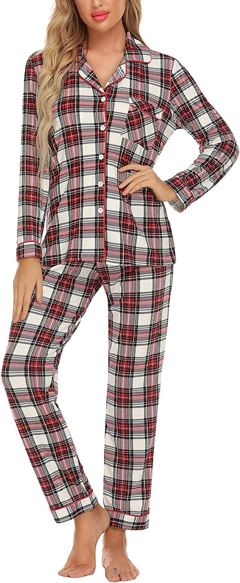Leikar Button up Pajama Set for Women Long Sleeve Shirt and Pajama Pants Soft Pjs Lounge Sets S-XXL