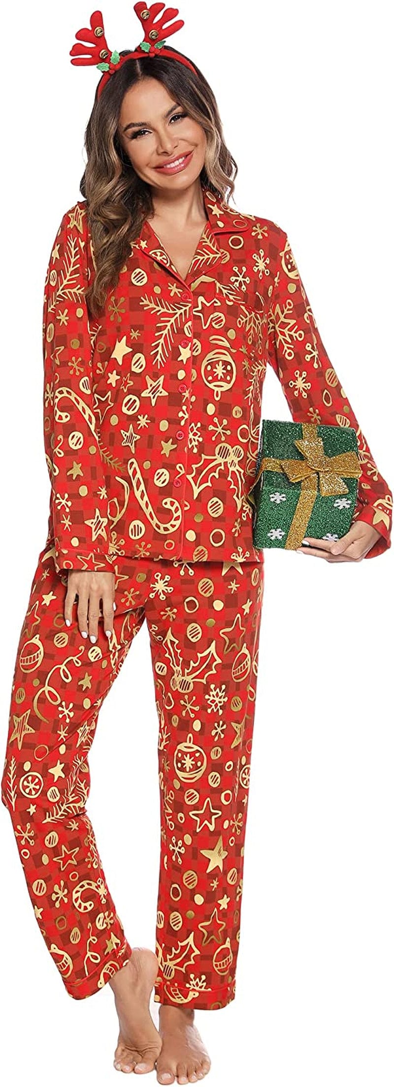 Leikar Button up Pajama Set for Women Long Sleeve Shirt and Pajama Pants Soft Pjs Lounge Sets S-XXL