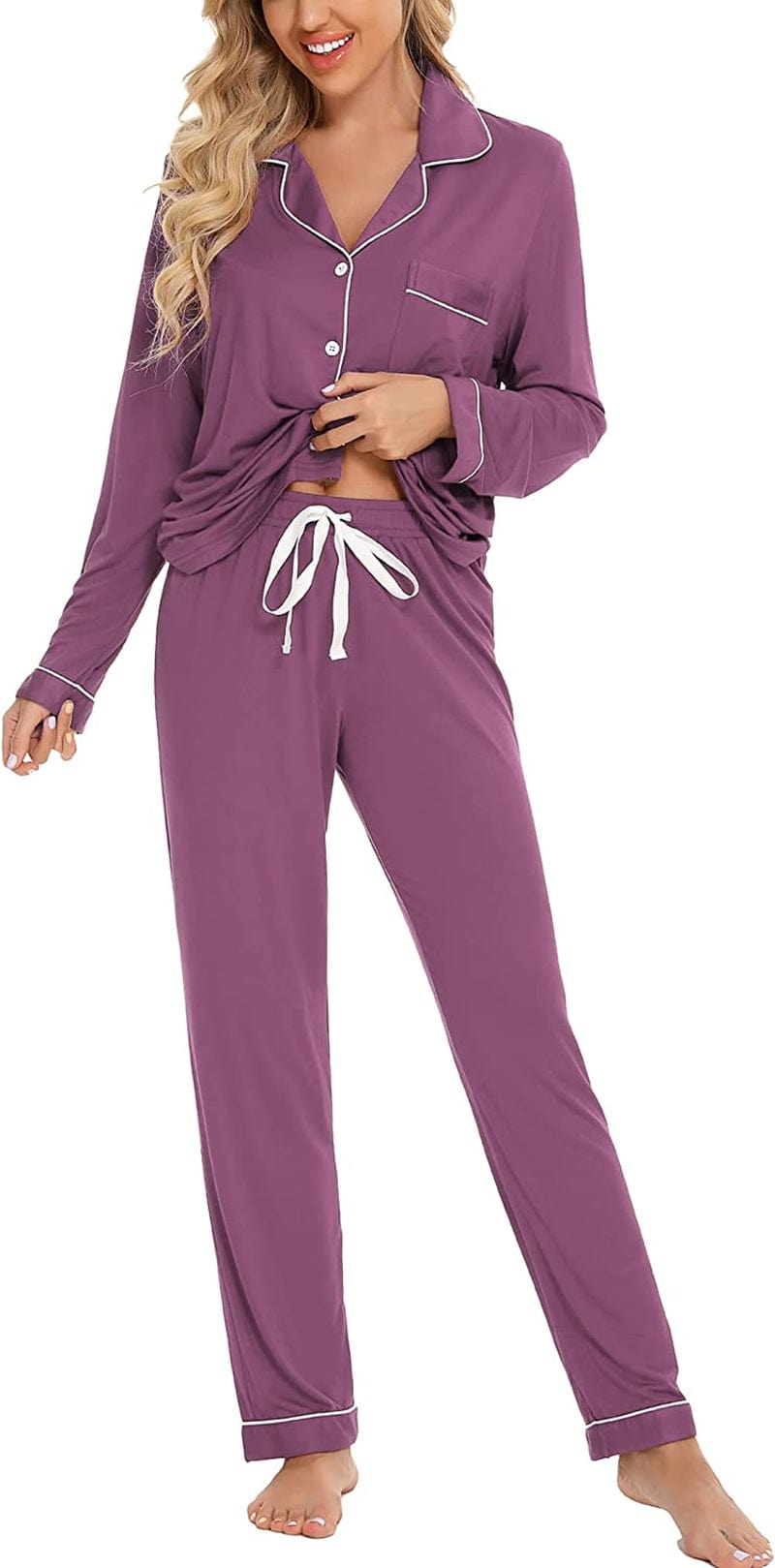 Leikar Button up Pajama Set for Women Long Sleeve Shirt and Pajama Pants Soft Pjs Lounge Sets S-XXL