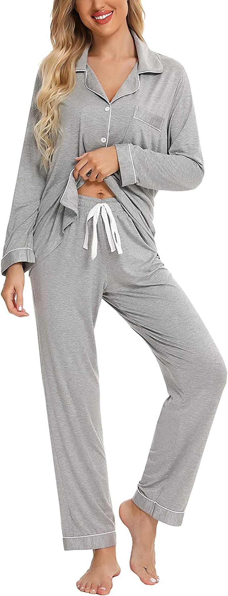 Leikar Button up Pajama Set for Women Long Sleeve Shirt and Pajama Pants Soft Pjs Lounge Sets S-XXL