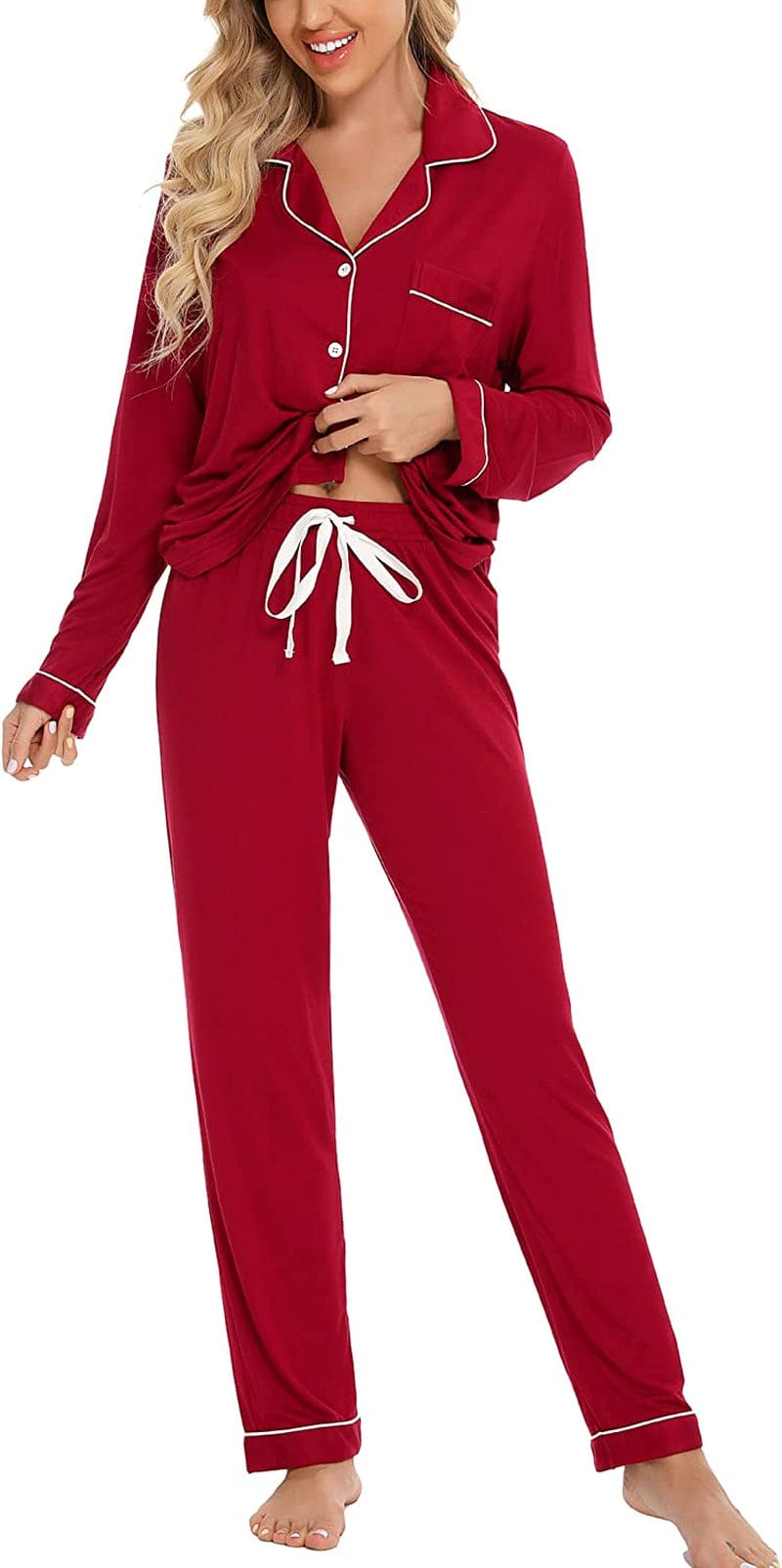 Leikar Button up Pajama Set for Women Long Sleeve Shirt and Pajama Pants Soft Pjs Lounge Sets S-XXL