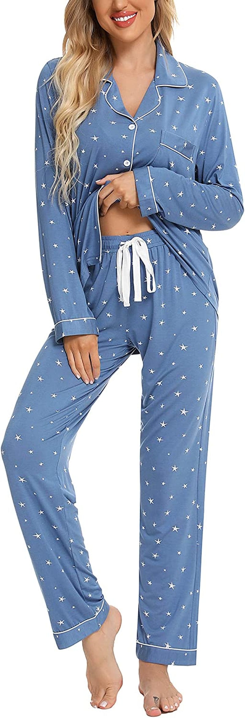 Leikar Button up Pajama Set for Women Long Sleeve Shirt and Pajama Pants Soft Pjs Lounge Sets S-XXL