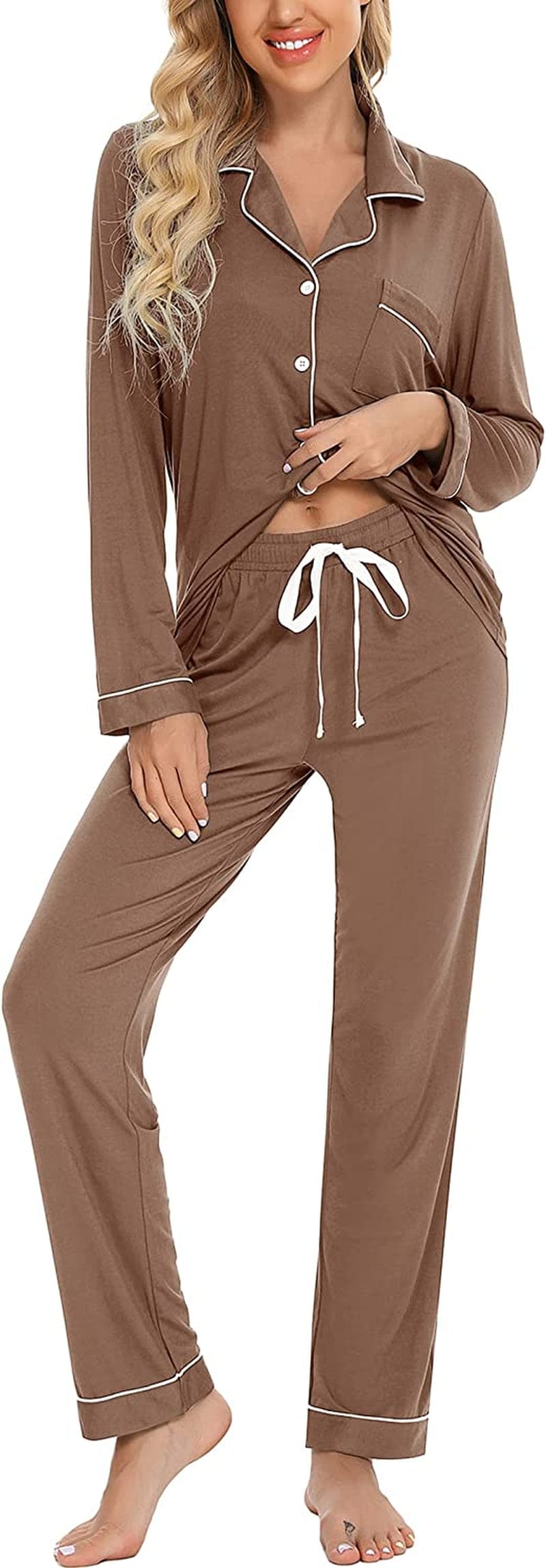 Leikar Button up Pajama Set for Women Long Sleeve Shirt and Pajama Pants Soft Pjs Lounge Sets S-XXL