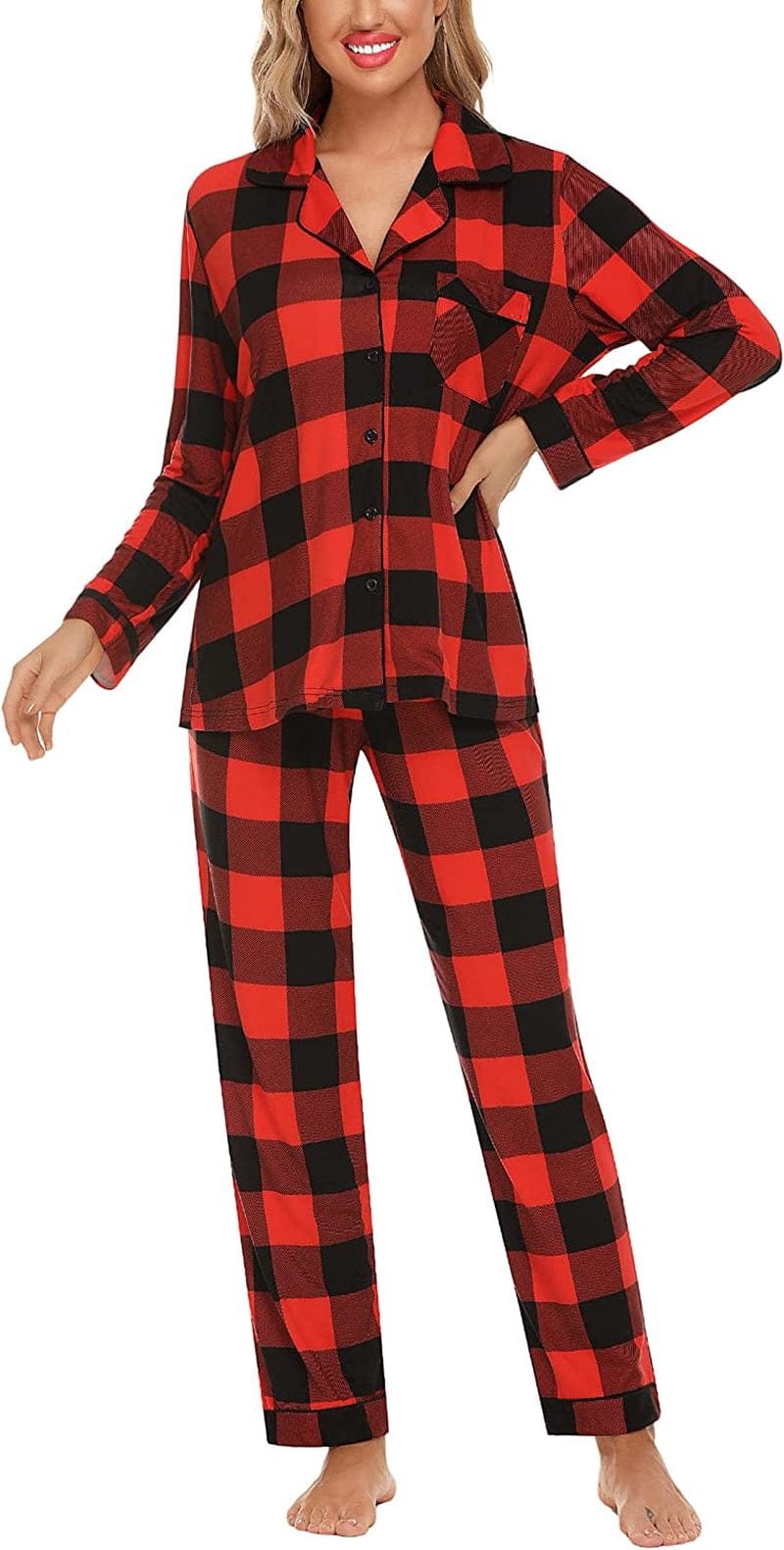 Leikar Button up Pajama Set for Women Long Sleeve Shirt and Pajama Pants Soft Pjs Lounge Sets S-XXL