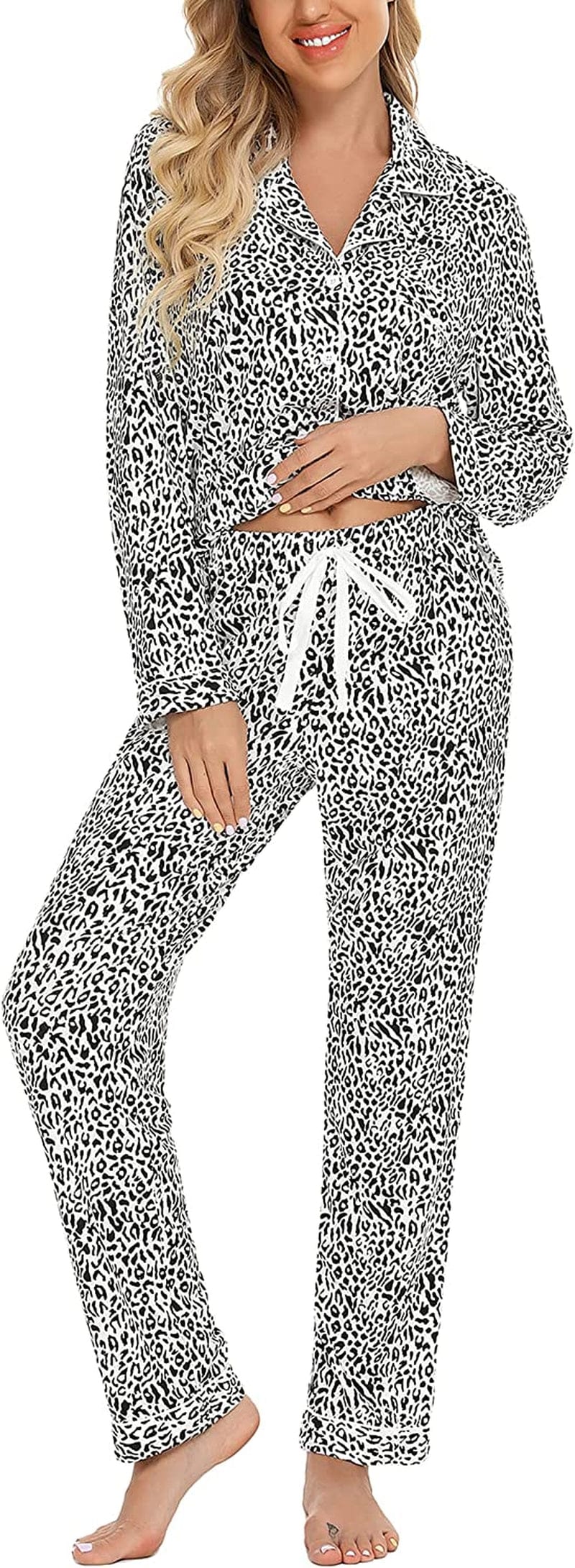 Leikar Button up Pajama Set for Women Long Sleeve Shirt and Pajama Pants Soft Pjs Lounge Sets S-XXL