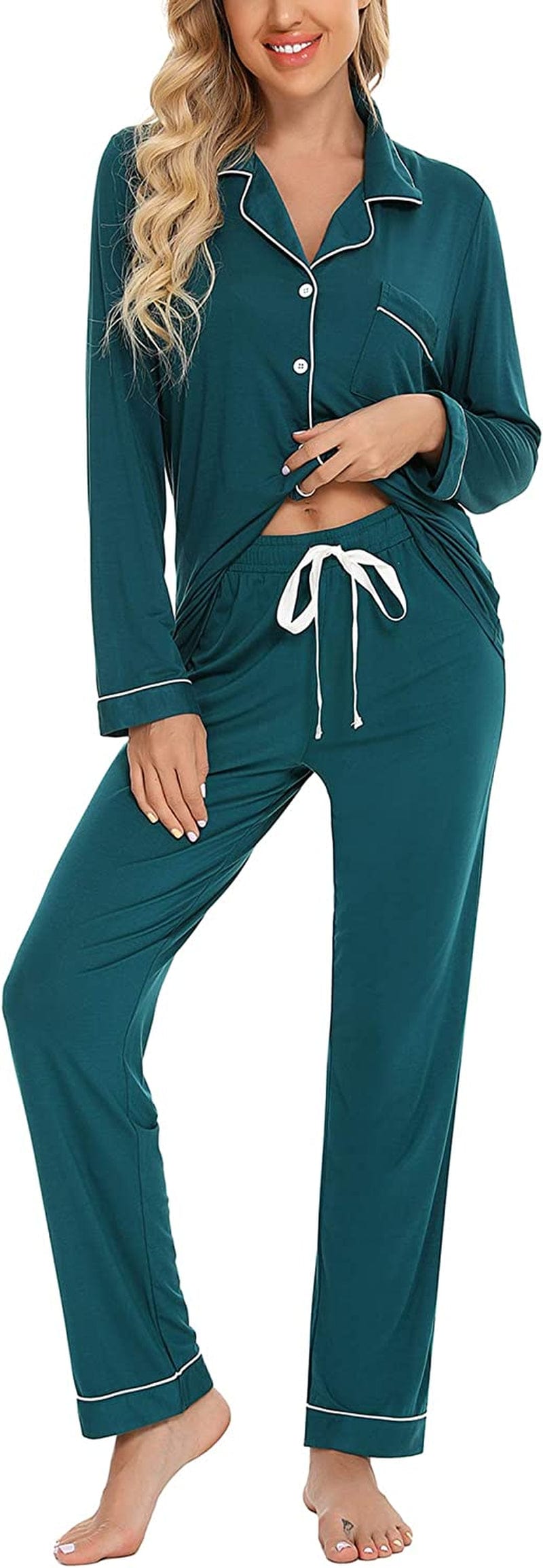Leikar Button up Pajama Set for Women Long Sleeve Shirt and Pajama Pants Soft Pjs Lounge Sets S-XXL