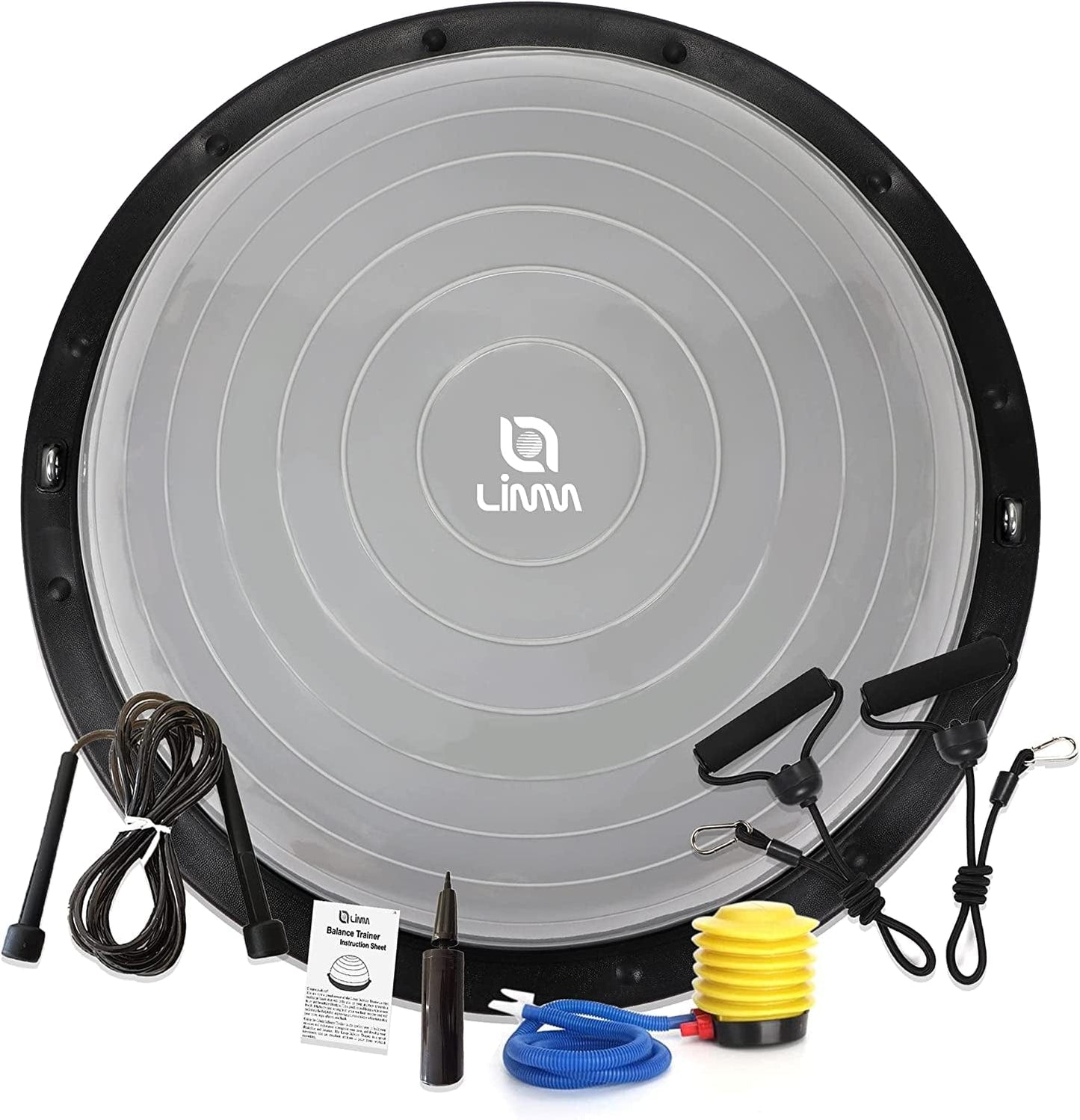 Limm Half Ball Balance Trainer - Half Yoga Ball with Resistance Bands Handle and Jump Rope - Pilates Exercise Balance Ball for Squats, Steps Workout, Balance Training, Push Ups, Core Training, Etc.