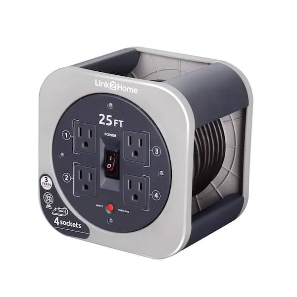Extension Cord Reel Storage 25 ft. 16/3 Overload Reset Button 4 Grounded Outlets