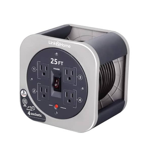 Extension Cord Reel Storage 25 ft. 16/3 Overload Reset Button 4 Grounded Outlets