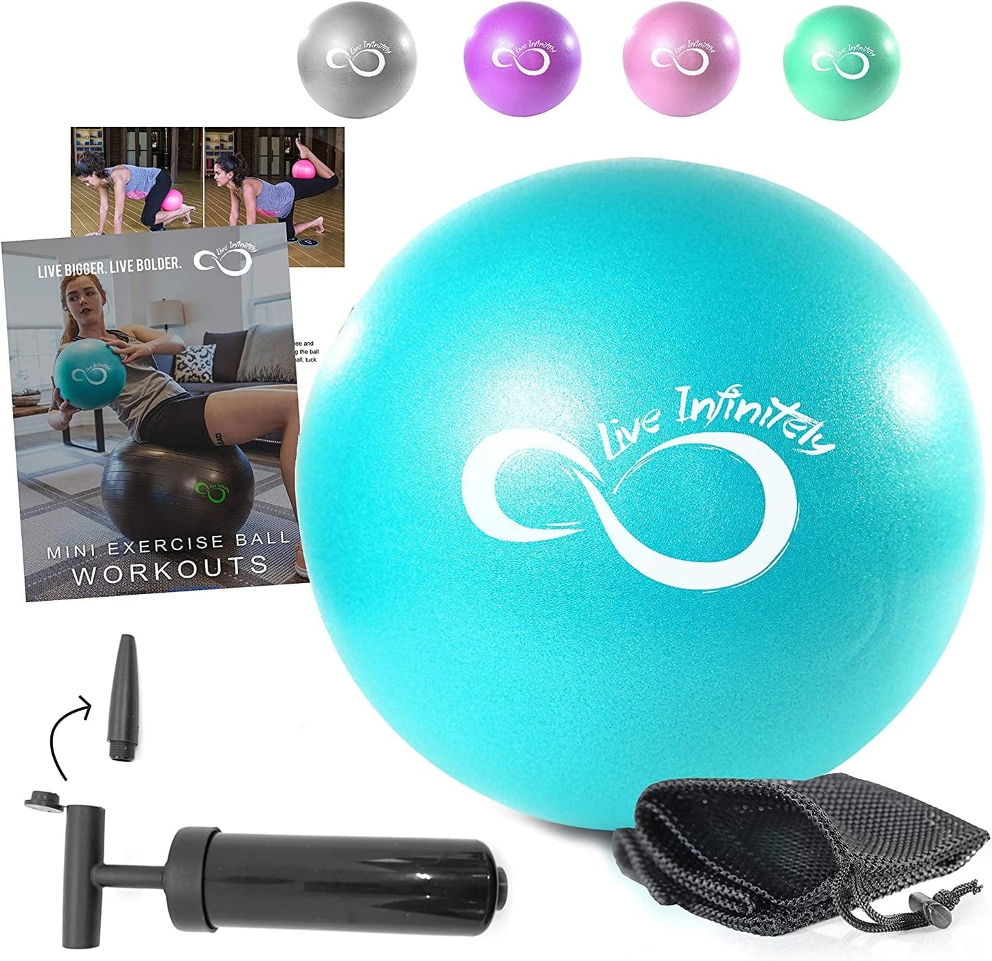 Live Infinitely 9 Inch Barre Pilates Ball & Hand Pump– anti Burst Mini Ball & Digital Workout Ebook Included for Yoga, Exercise, Balance & Stability Training – Comes with Mesh Carrying Bag