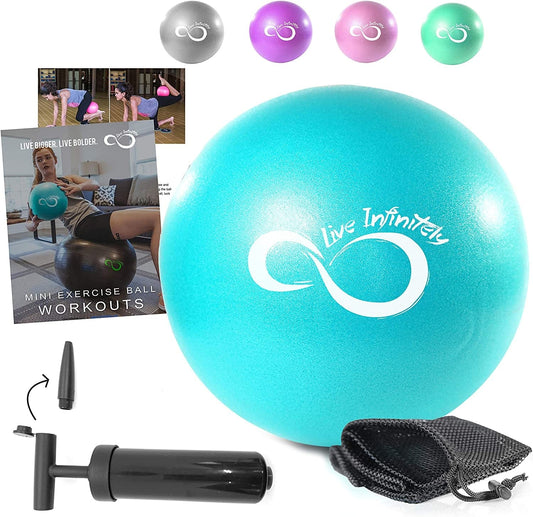 Live Infinitely 9 Inch Barre Pilates Ball & Hand Pump– anti Burst Mini Ball & Digital Workout Ebook Included for Yoga, Exercise, Balance & Stability Training – Comes with Mesh Carrying Bag