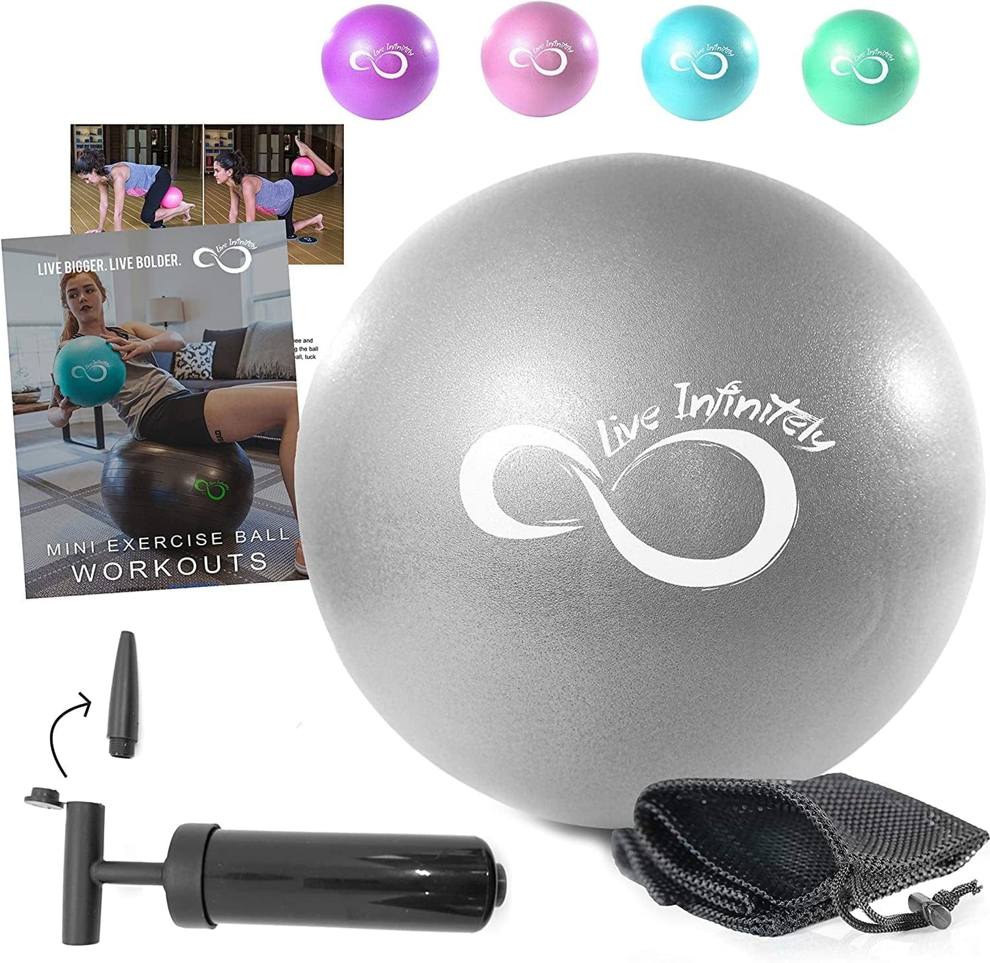 Live Infinitely 9 Inch Barre Pilates Ball & Hand Pump– anti Burst Mini Ball & Digital Workout Ebook Included for Yoga, Exercise, Balance & Stability Training – Comes with Mesh Carrying Bag