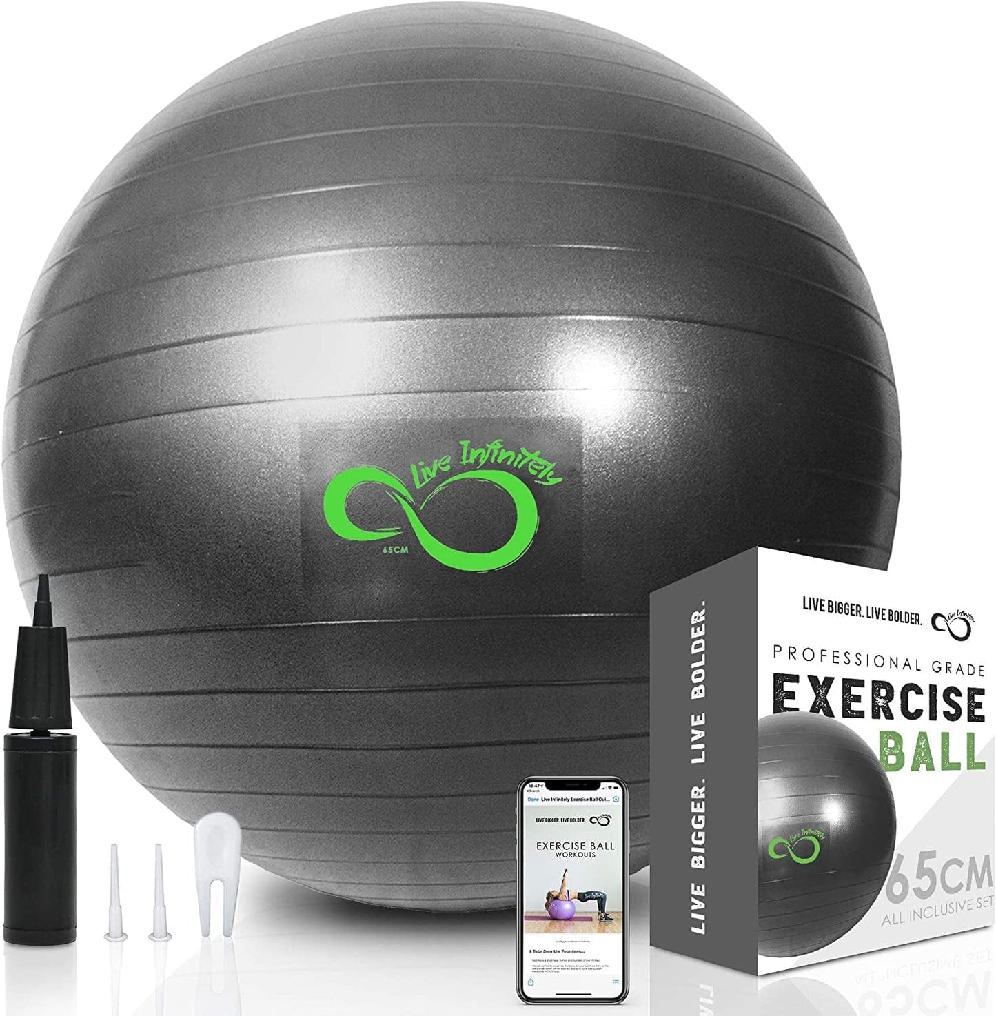 Live Infinitely Exercise Ball (55Cm-95Cm) Extra Thick Professional Grade Balance & Stability Ball- anti Burst Tested Supports 2200Lbs- Includes Hand Pump & Workout Guide Access