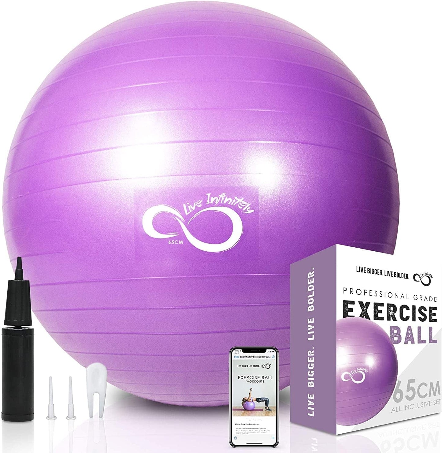 Live Infinitely Exercise Ball (55Cm-95Cm) Extra Thick Professional Grade Balance & Stability Ball- anti Burst Tested Supports 2200Lbs- Includes Hand Pump & Workout Guide Access