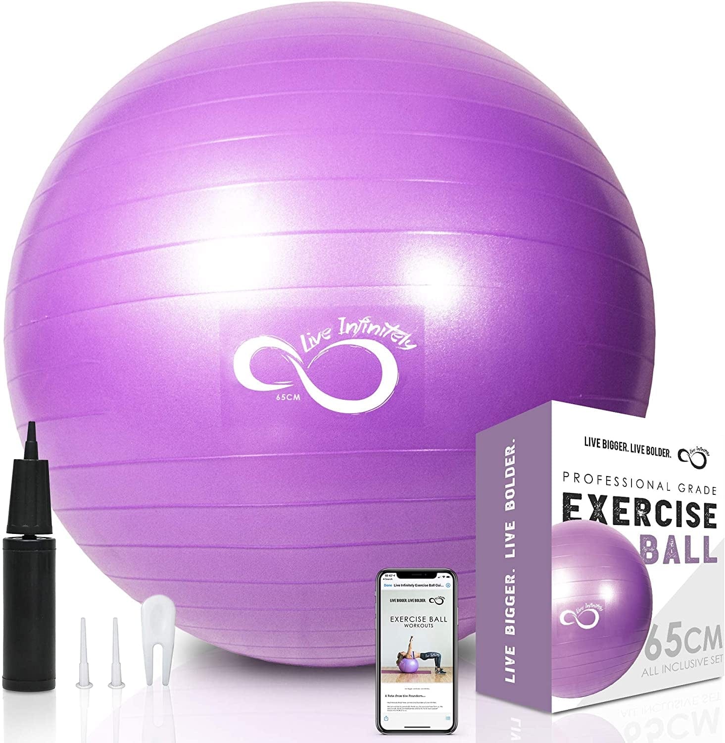 Live Infinitely Exercise Ball (55Cm-95Cm) Extra Thick Professional Grade Balance & Stability Ball- anti Burst Tested Supports 2200Lbs- Includes Hand Pump & Workout Guide Access