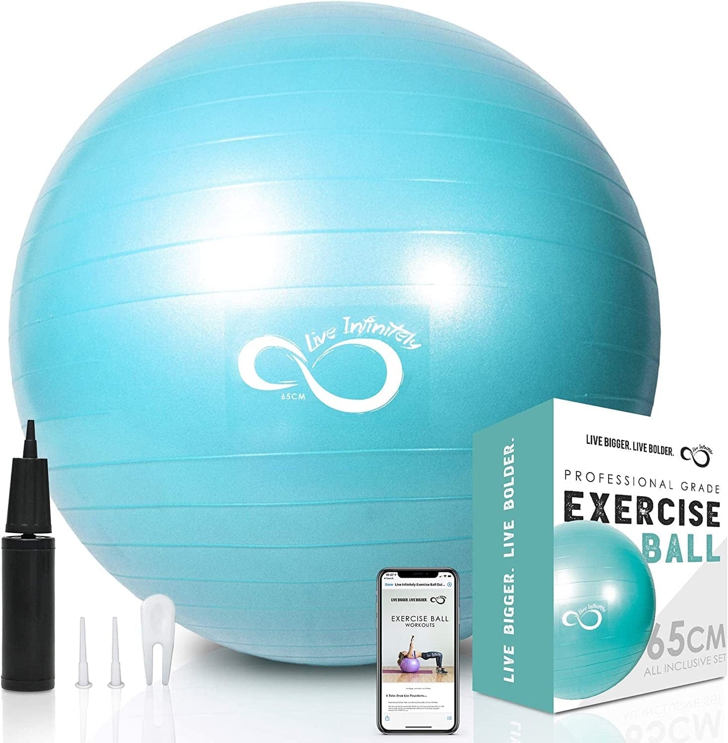 Live Infinitely Exercise Ball (55Cm-95Cm) Extra Thick Professional Grade Balance & Stability Ball- anti Burst Tested Supports 2200Lbs- Includes Hand Pump & Workout Guide Access