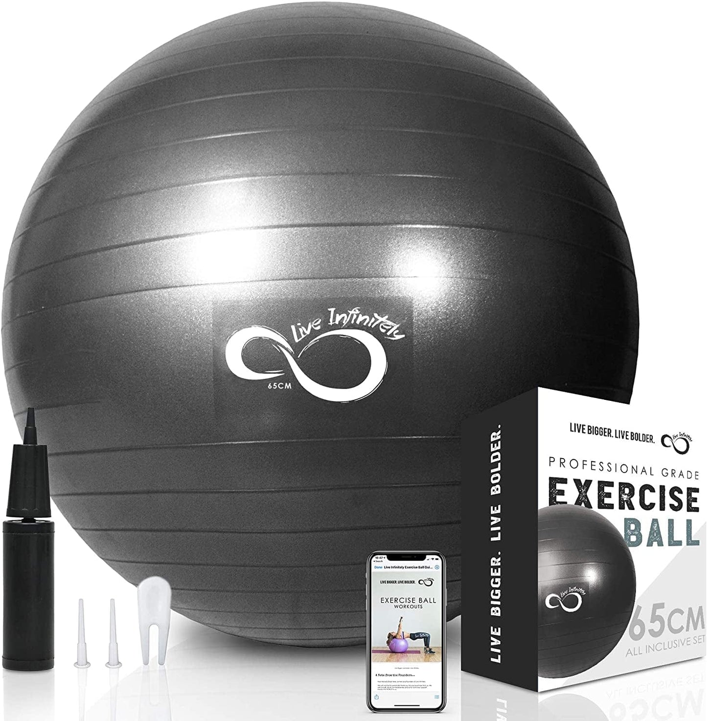 Live Infinitely Exercise Ball (55Cm-95Cm) Extra Thick Professional Grade Balance & Stability Ball- anti Burst Tested Supports 2200Lbs- Includes Hand Pump & Workout Guide Access