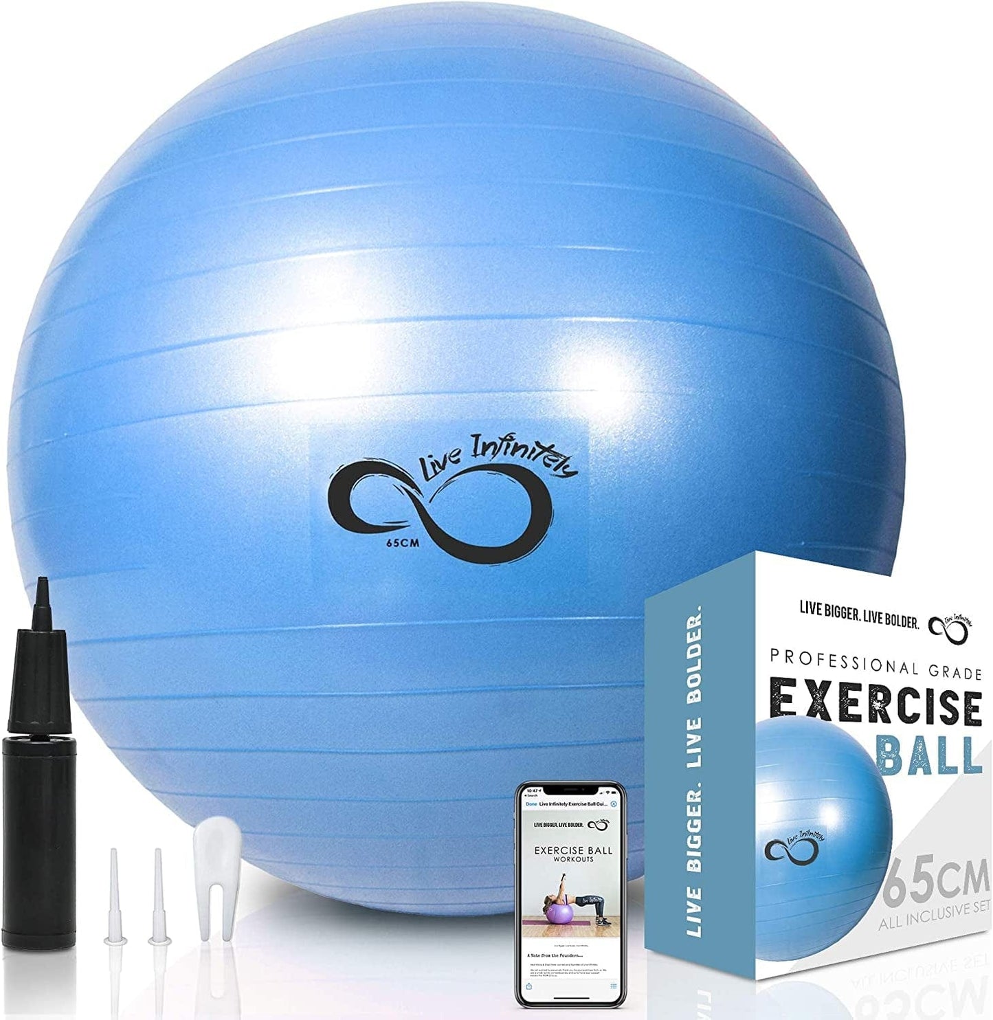 Live Infinitely Exercise Ball (55Cm-95Cm) Extra Thick Professional Grade Balance & Stability Ball- anti Burst Tested Supports 2200Lbs- Includes Hand Pump & Workout Guide Access