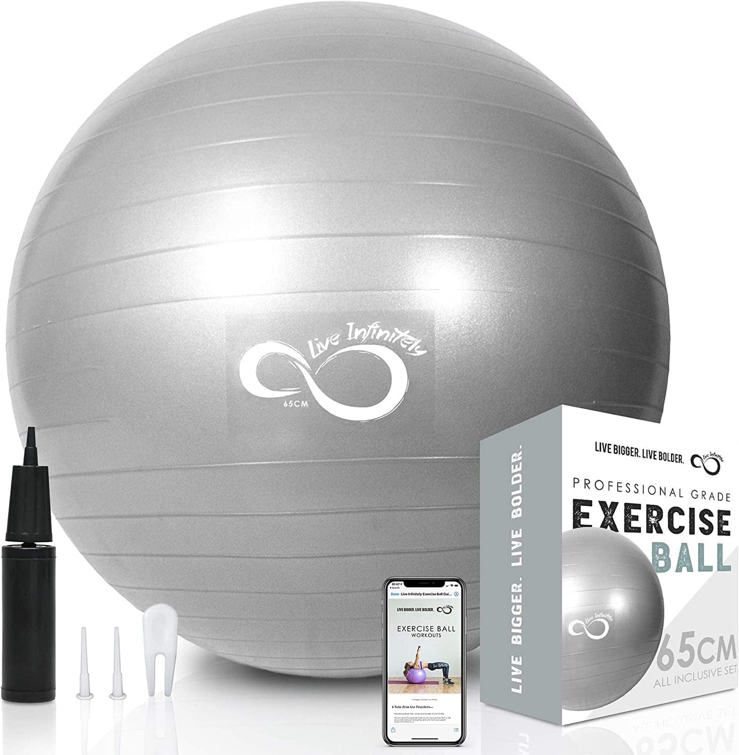 Live Infinitely Exercise Ball (55Cm-95Cm) Extra Thick Professional Grade Balance & Stability Ball- anti Burst Tested Supports 2200Lbs- Includes Hand Pump & Workout Guide Access