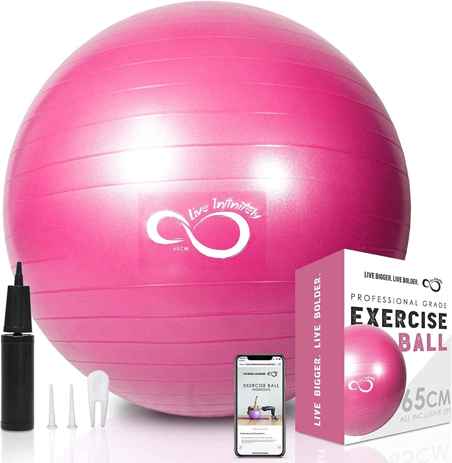 Live Infinitely Exercise Ball (55Cm-95Cm) Extra Thick Professional Grade Balance & Stability Ball- anti Burst Tested Supports 2200Lbs- Includes Hand Pump & Workout Guide Access