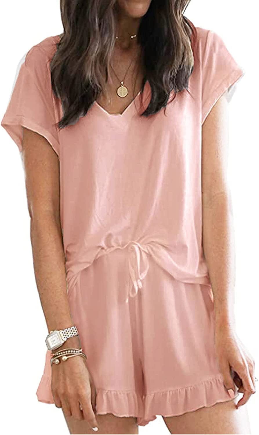 Luckymore Women'S Pajama Short Sleeve Sleepwear Soft Pj Set V Neck Top and Shorts Pajamas Set