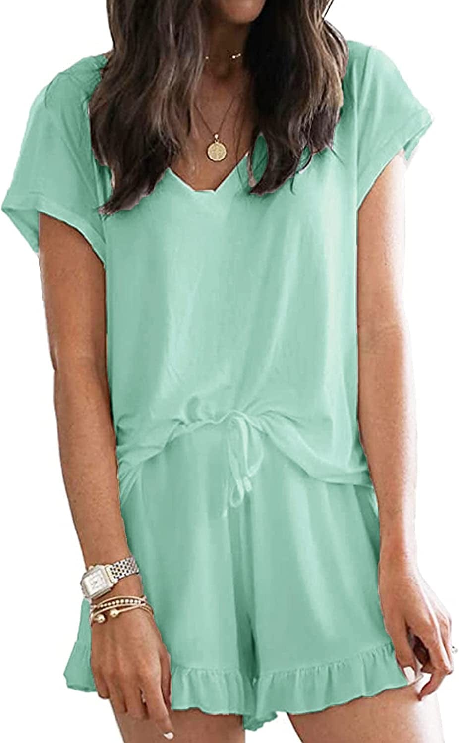 Luckymore Women'S Pajama Short Sleeve Sleepwear Soft Pj Set V Neck Top and Shorts Pajamas Set