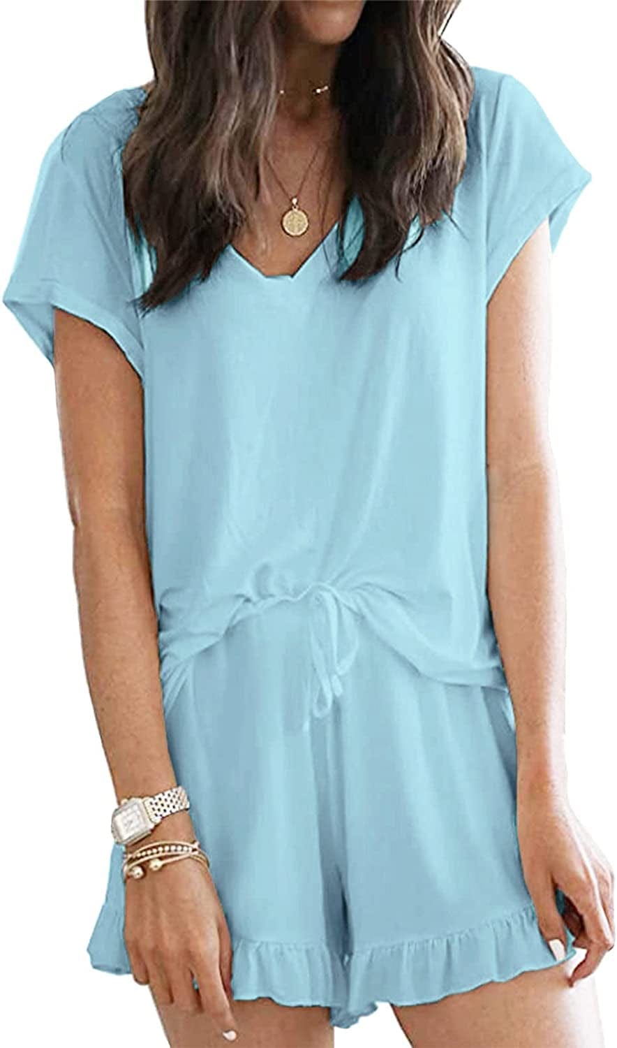 Luckymore Women'S Pajama Short Sleeve Sleepwear Soft Pj Set V Neck Top and Shorts Pajamas Set