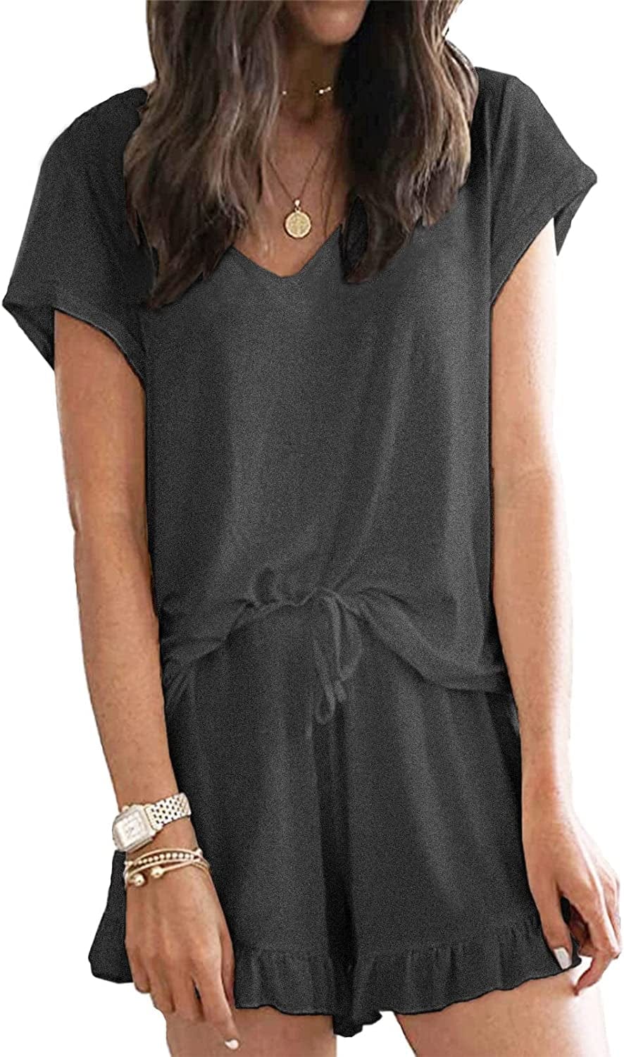 Luckymore Women'S Pajama Short Sleeve Sleepwear Soft Pj Set V Neck Top and Shorts Pajamas Set