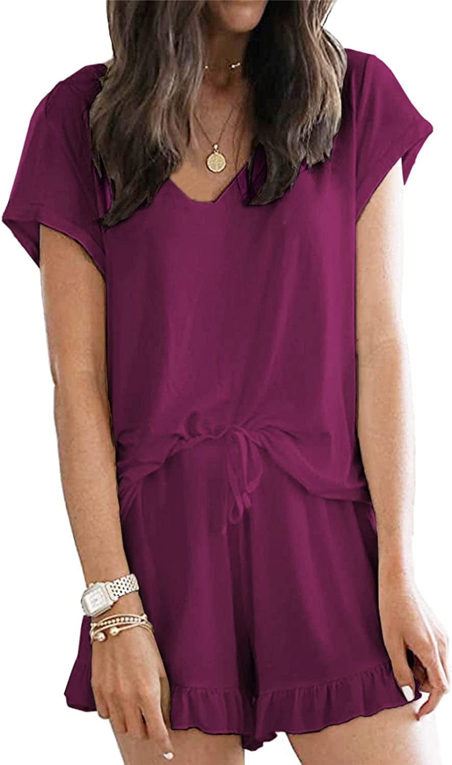 Luckymore Women'S Pajama Short Sleeve Sleepwear Soft Pj Set V Neck Top and Shorts Pajamas Set