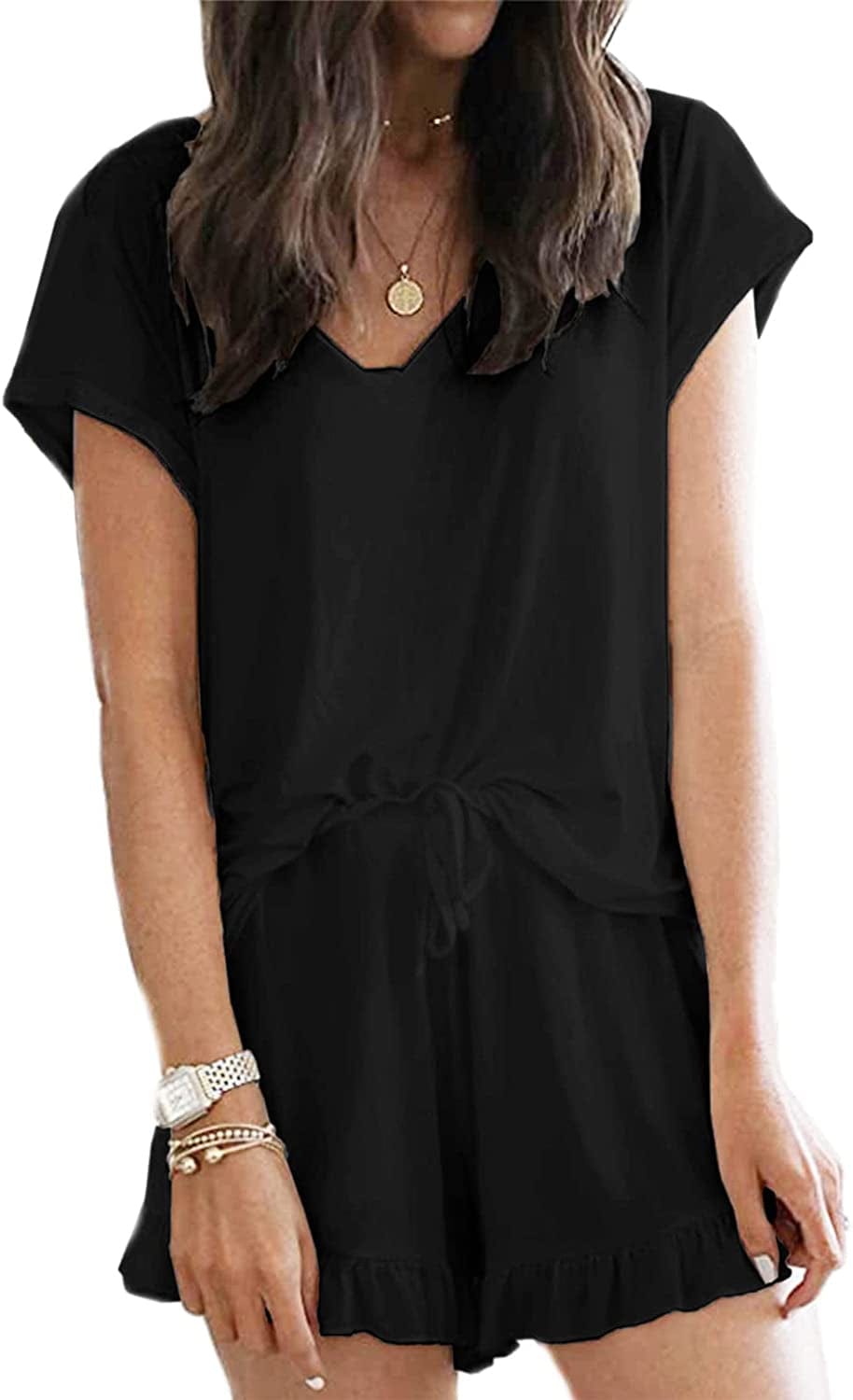 Luckymore Women'S Pajama Short Sleeve Sleepwear Soft Pj Set V Neck Top and Shorts Pajamas Set