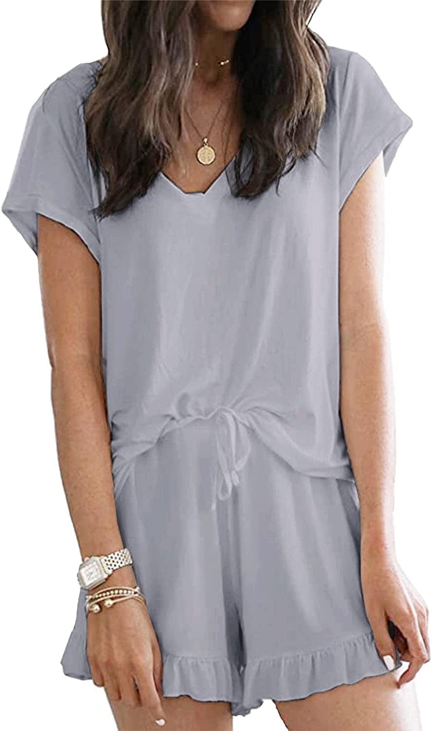 Luckymore Women'S Pajama Short Sleeve Sleepwear Soft Pj Set V Neck Top and Shorts Pajamas Set