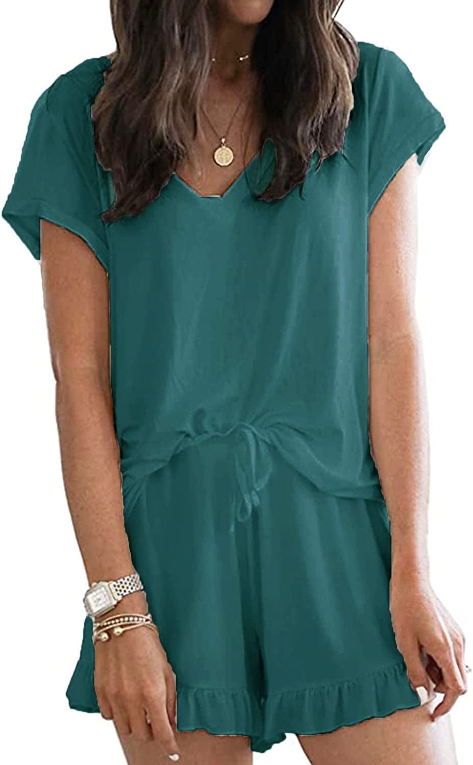 Luckymore Women'S Pajama Short Sleeve Sleepwear Soft Pj Set V Neck Top and Shorts Pajamas Set