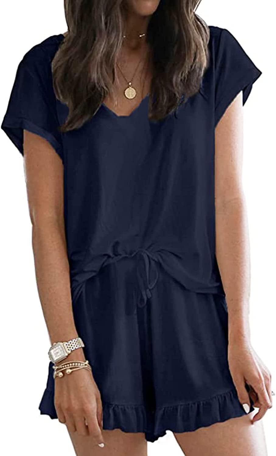 Luckymore Women'S Pajama Short Sleeve Sleepwear Soft Pj Set V Neck Top and Shorts Pajamas Set