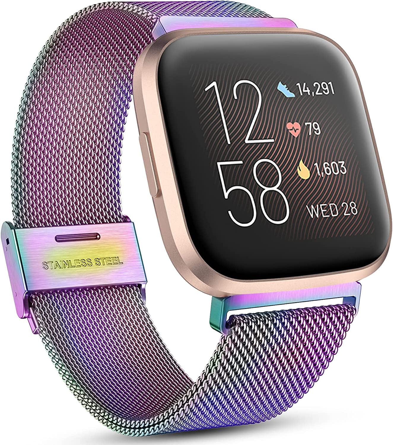 Maledan Metal Band Compatible with Fitbit Versa/Versa 2 Bands for Men Women, Adjustable Stainless Steel Mesh Loop Replacement Accessories for Versa 2/Versa Lite/Versa Smart Watch, Black