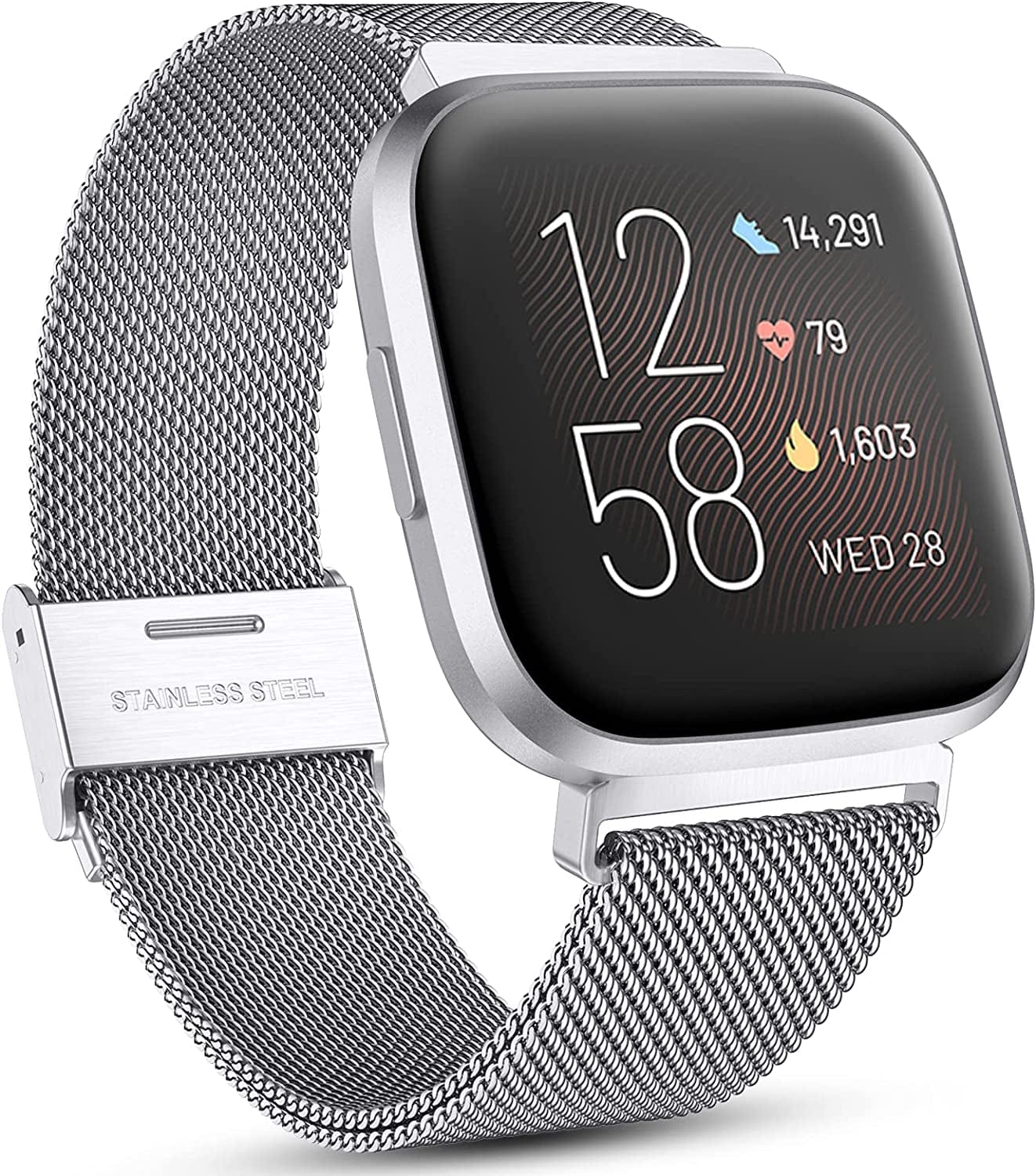 Maledan Metal Band Compatible with Fitbit Versa/Versa 2 Bands for Men Women, Adjustable Stainless Steel Mesh Loop Replacement Accessories for Versa 2/Versa Lite/Versa Smart Watch, Black